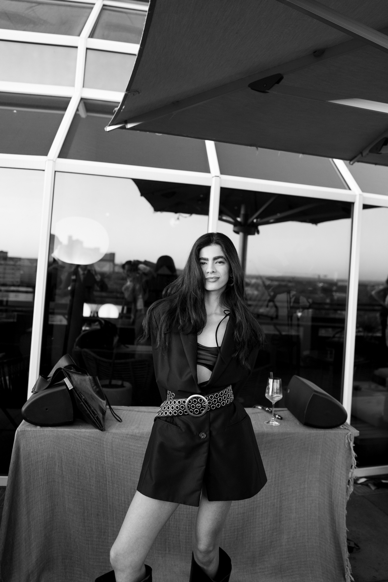 Rooftop editorial in tailored black look